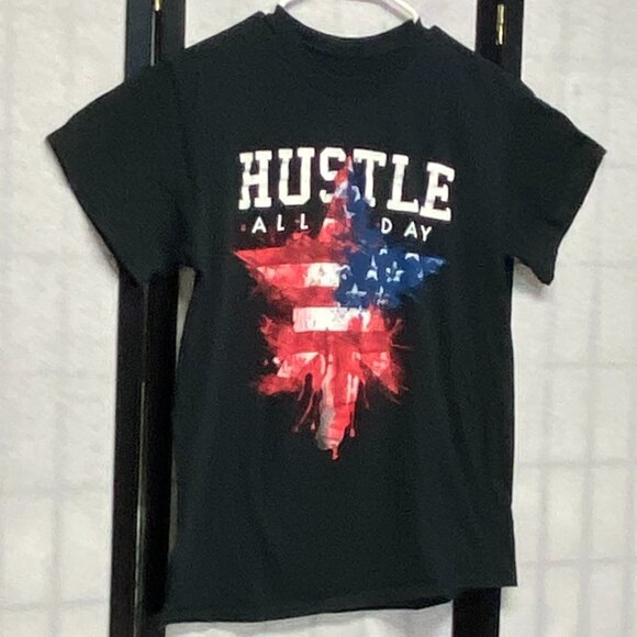Short Sleeve Patriotic Screen Print USA Star Hustle All Day Crew Neck Tee Shirt - Picture 3 of 9